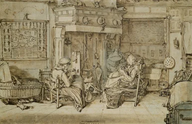 オランダのインテリア、1617年（紙にペン、インク、ブラシ）